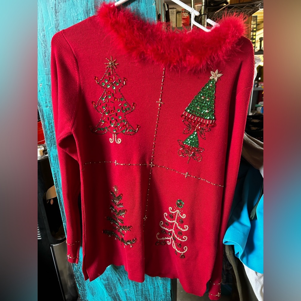 Vintage Festive Red Christmas Sweater with Tree Designs